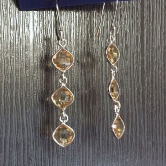 Triple Drop Cushion Cut Golden Citrine and Sterling Silver Earrings NWT - Picture 5 of 8